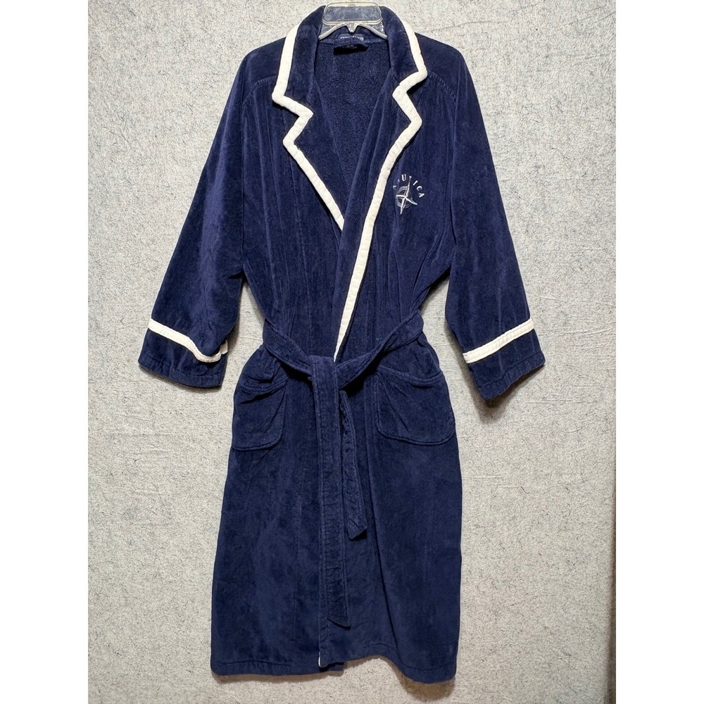 Nautica Bath Robe Men One Size Navy Blue Excellent Cotton Terry Cloth Logo